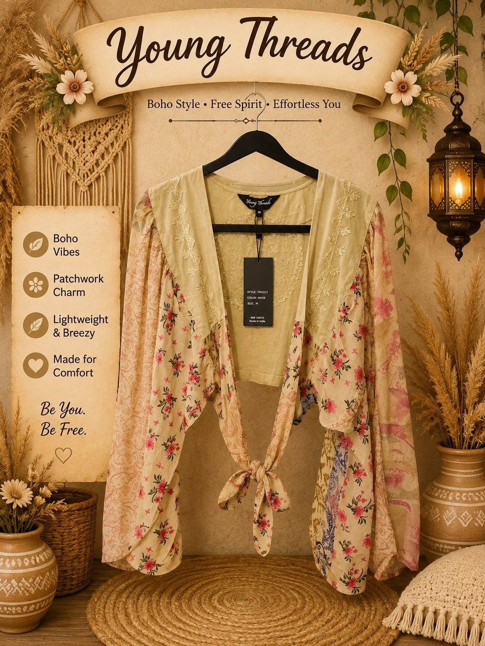 Young Threads Cream & Pink Tie-Front Boho Crop Top